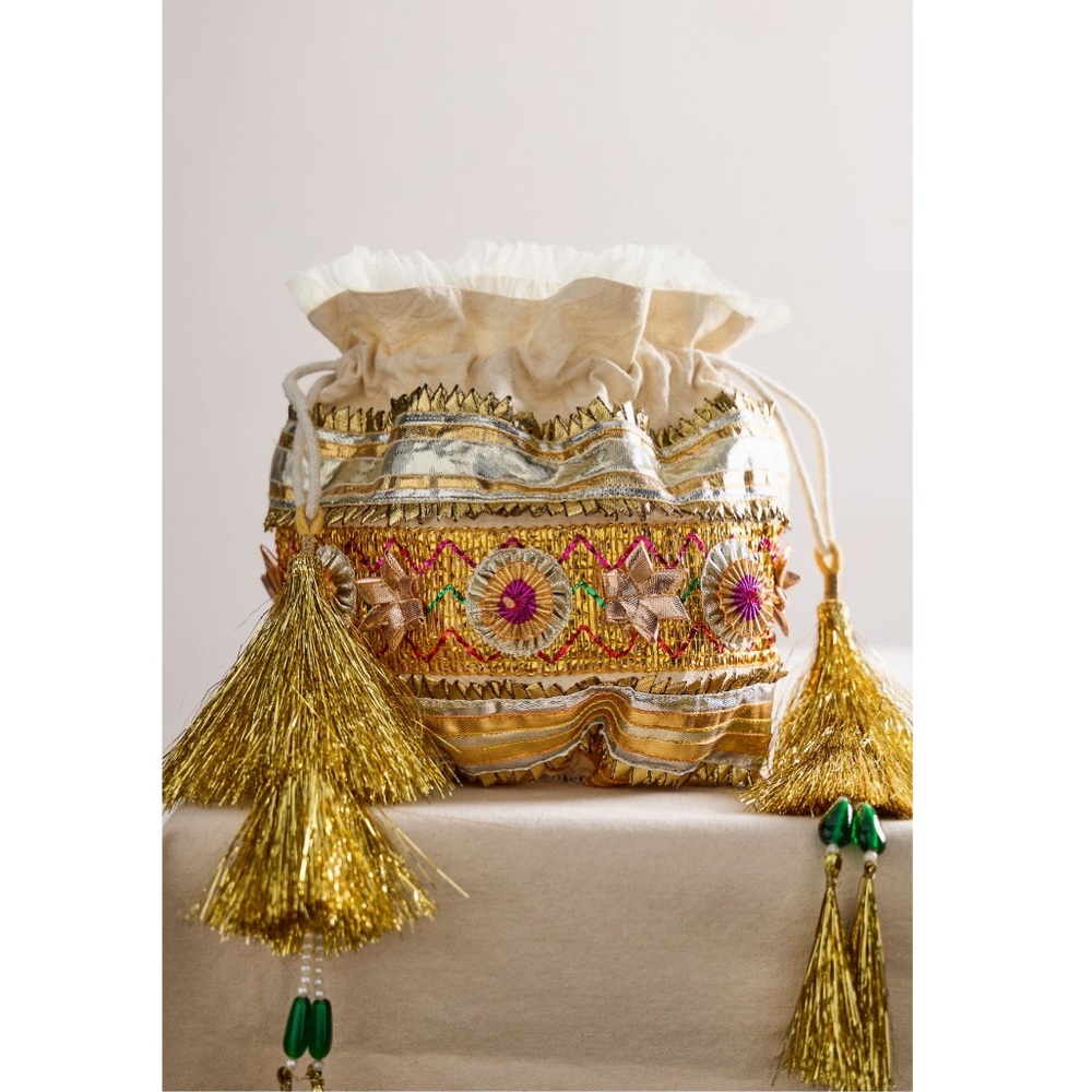 Free People Seasons Sparkle Mini Gift Sack Embroidered Pouch Bag Gold NEW NWT - Picture 14 of 14